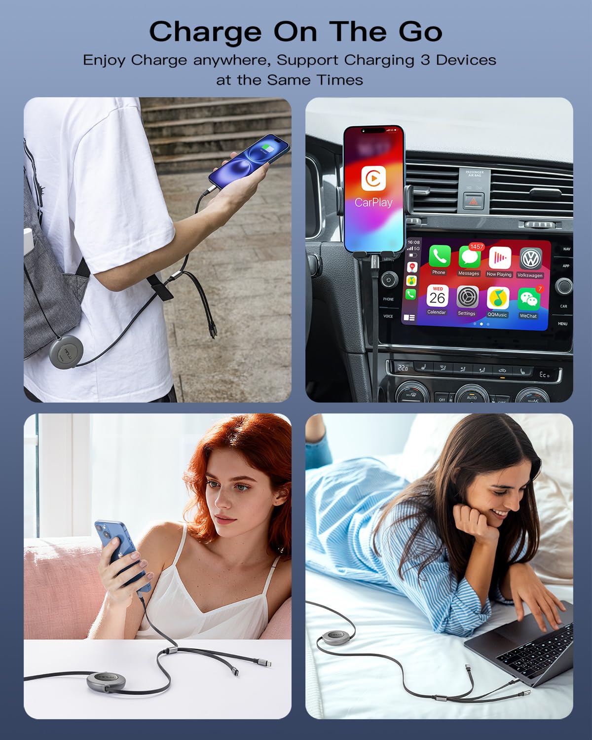 5 in 1 Retractable Multi Charger Cable 3.5A USB C Lightning Micro USB 1.2M Mobile Arcade Ltd