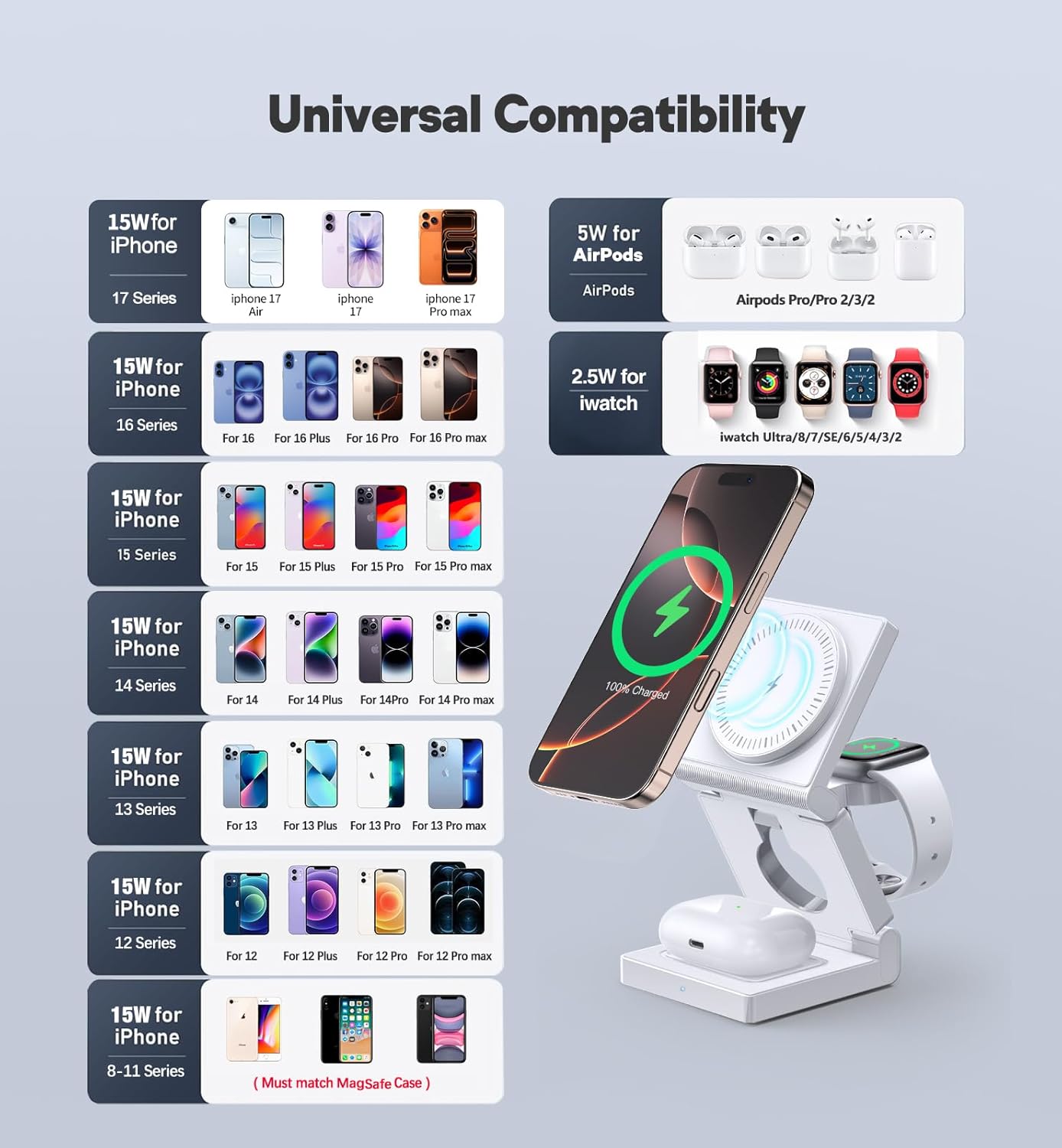 3 in 1 Wireless Charging Station Foldable Magnetic Fast Charger Stand 15W Mobile Arcade Ltd
