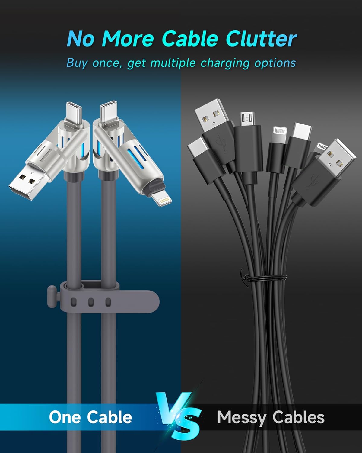 4 in 1 Multi Charger Cable 240W Fast Charging RGB LED USB C Lightning 1.2M Mobile Arcade Ltd