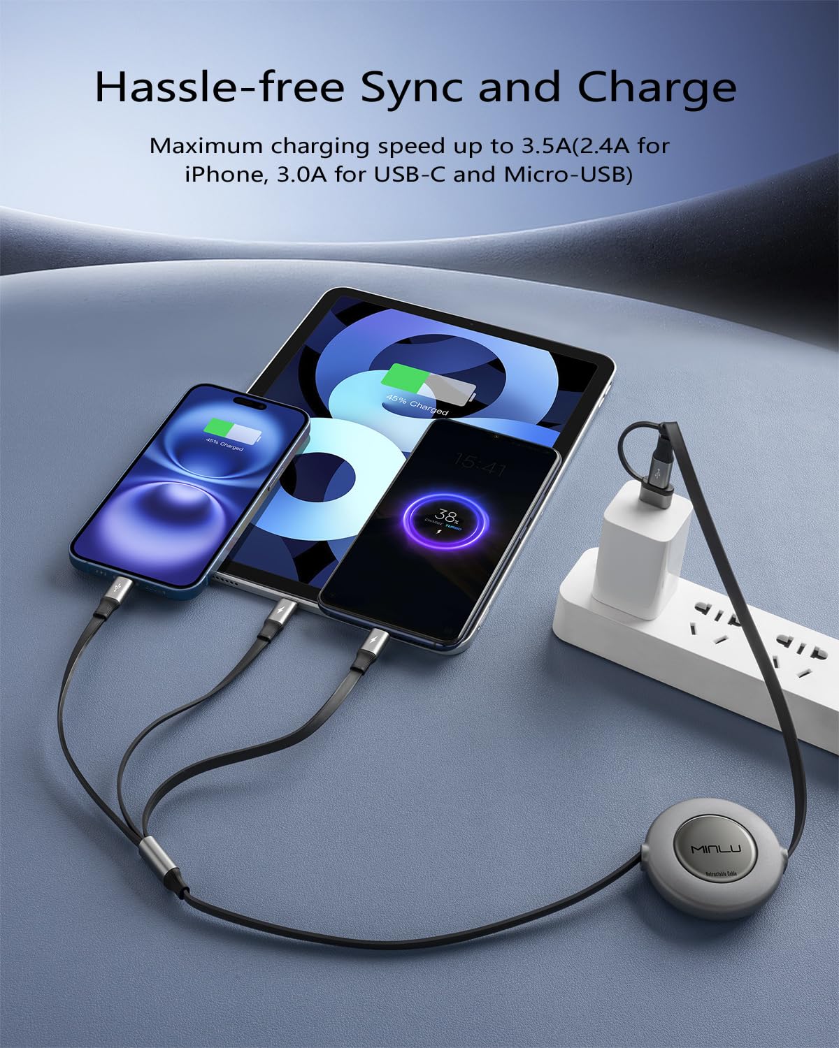 5 in 1 Retractable Multi Charger Cable 3.5A USB C Lightning Micro USB 1.2M Mobile Arcade Ltd