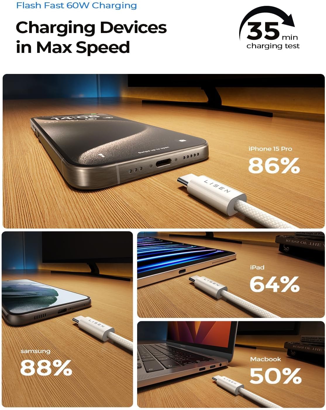 LISEN USB C to USB C Cable 60W Fast Charging, 4-Pack [0.5M-2M] for iPhone 16 Mobile Arcade Ltd