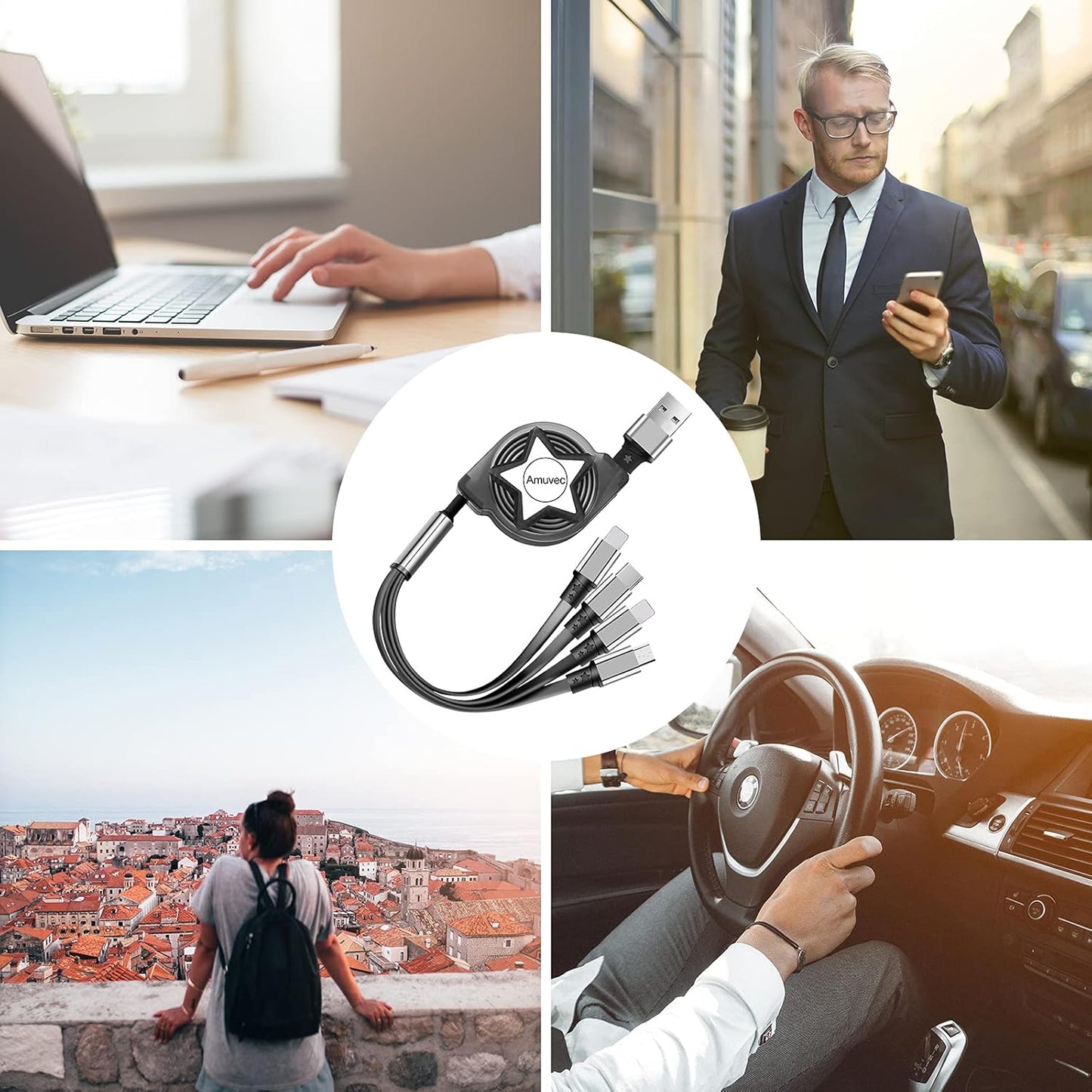 Multi 4 in 1 Retractable Charging Cable - 1m, Fast Phone Charger Cables, Type C Mobile Arcade Ltd