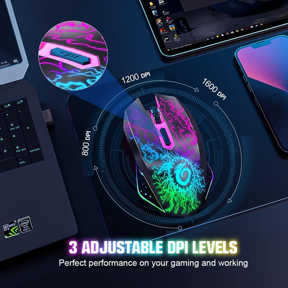 VersionTECH Wireless RGB Gaming Mouse, Silent Click, 3 DPI, Rechargeable Mobile Arcade Ltd