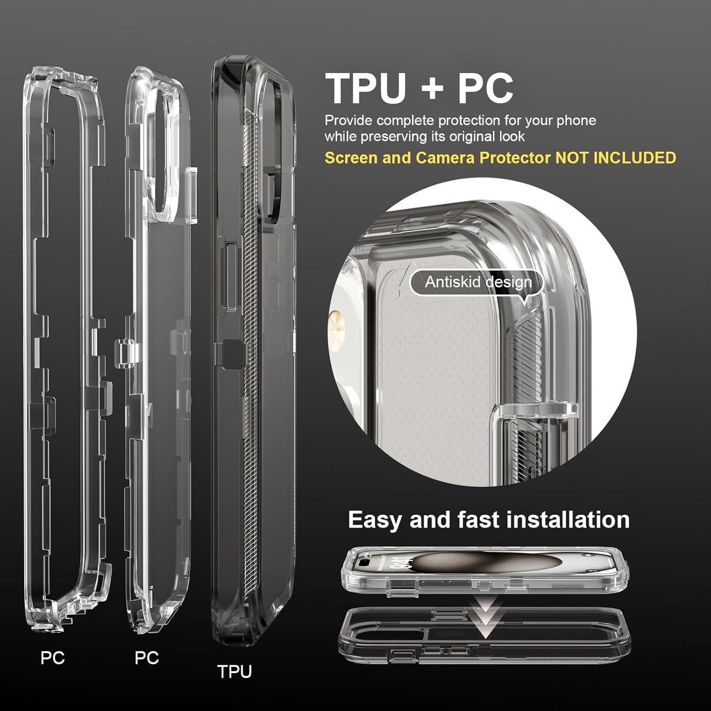iPhone 15 Pro Case Crystal Gray Heavy Duty Shockproof Dual Layer Clear Cover Mobile Arcade Ltd