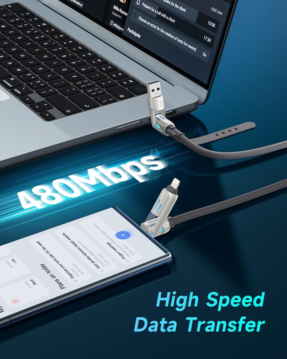 4 in 1 Multi Charger Cable 240W Fast Charging RGB LED USB C Lightning 1.2M Mobile Arcade Ltd