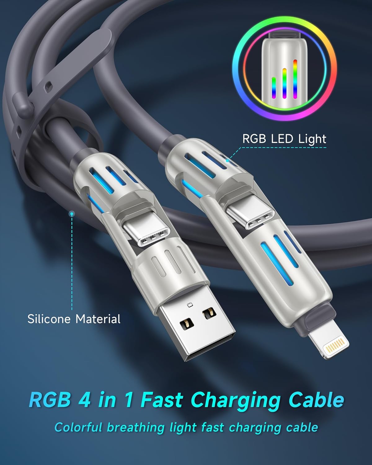 4 in 1 Multi Charger Cable 240W Fast Charging RGB LED USB C Lightning 1.2M Mobile Arcade Ltd