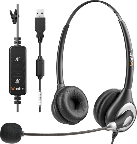 Wantek 602NUSB Headset Noise Canceling Mic USB for Call Center Office Laptop

