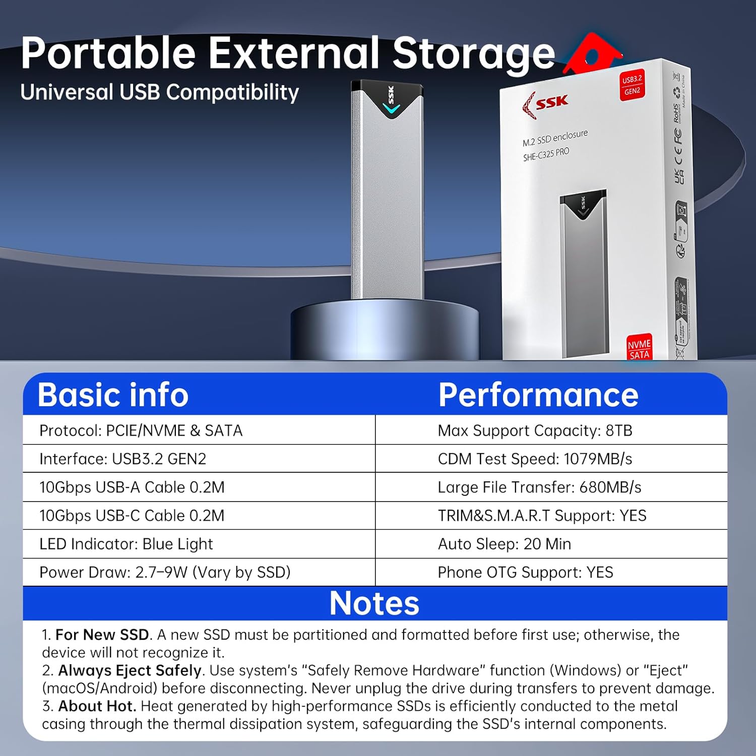 SSK Aluminum M.2 SSD Enclosure USB 3.2 Gen 2 10Gbps for NVMe & SATA SSDs 2242/2260/2280 Mobile Arcade Ltd