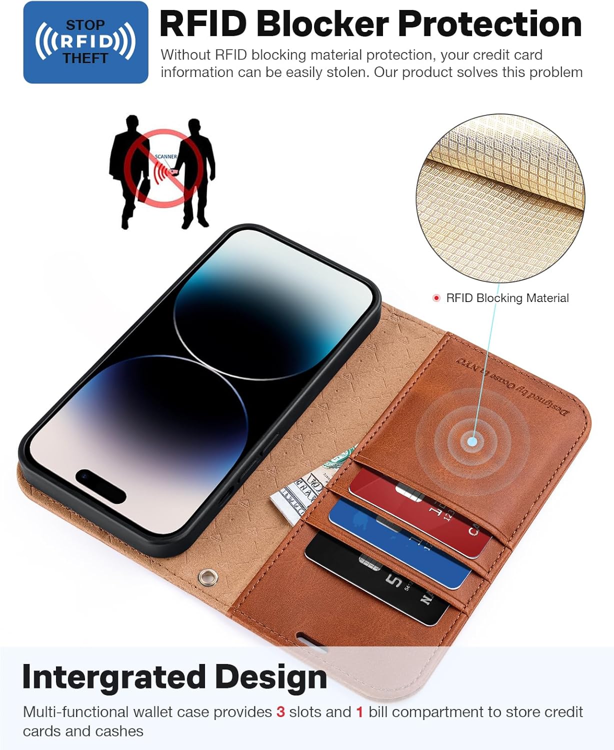 iPhone 15 Pro Max Wallet Case Brown Magnetic 2-in-1 Detachable Flip Cover RFID Mobile Arcade Ltd