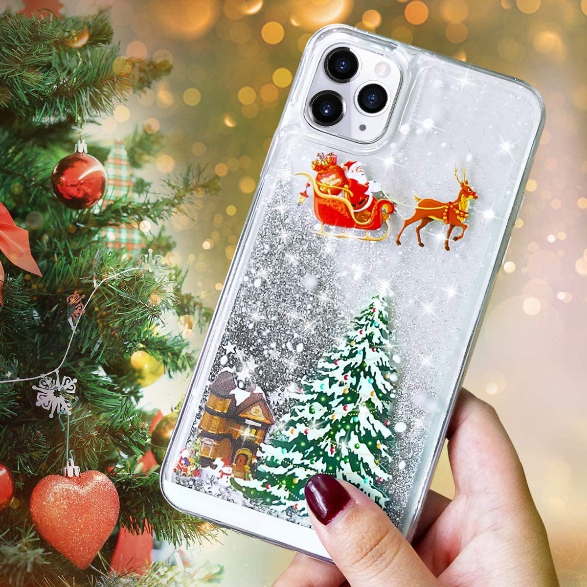 iPhone 13 Pro Glitter Liquid Case Silver Stars Clear Sparkly Shockproof Cover Mobile Arcade Ltd