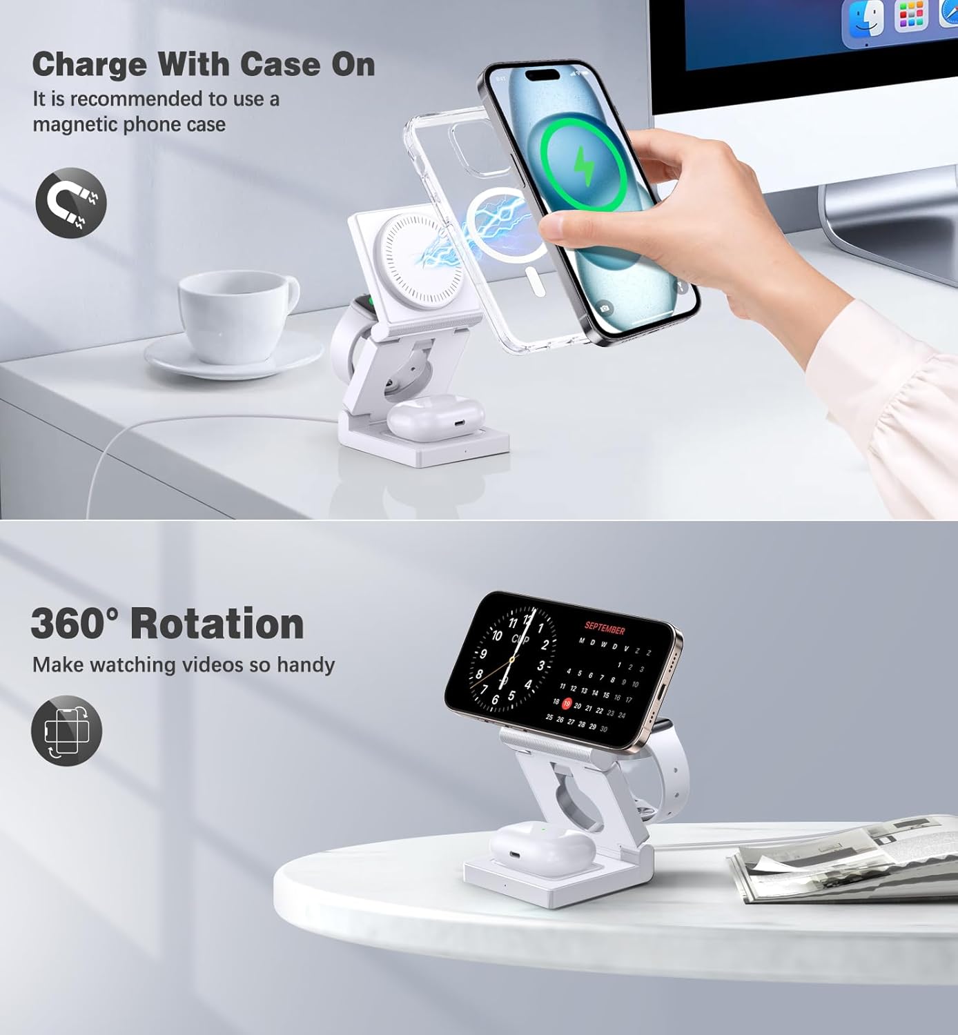 3 in 1 Wireless Charging Station Foldable Magnetic Fast Charger Stand 15W Mobile Arcade Ltd