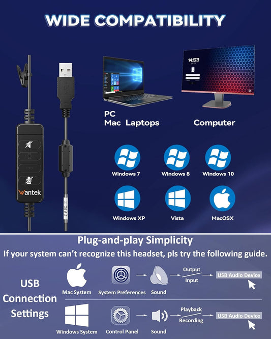 Wantek 602NUSB Headset Noise Canceling Mic USB for Call Center Office Laptop Mobile Arcade Ltd