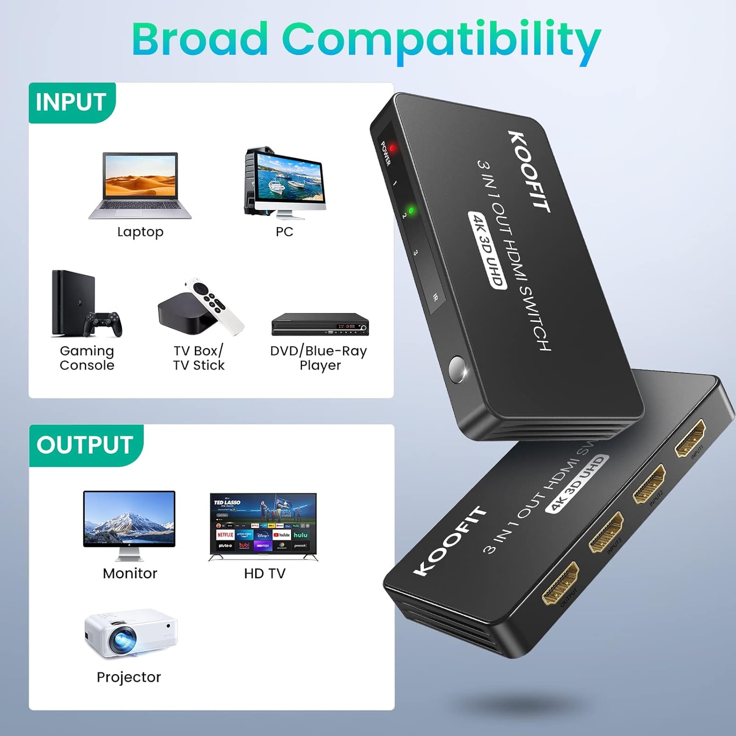 KOOFIT HDMI Switch 4K 3 In 1 Out with Remote – HDMI Splitter for TV, PS5, PC Mobile Arcade Ltd