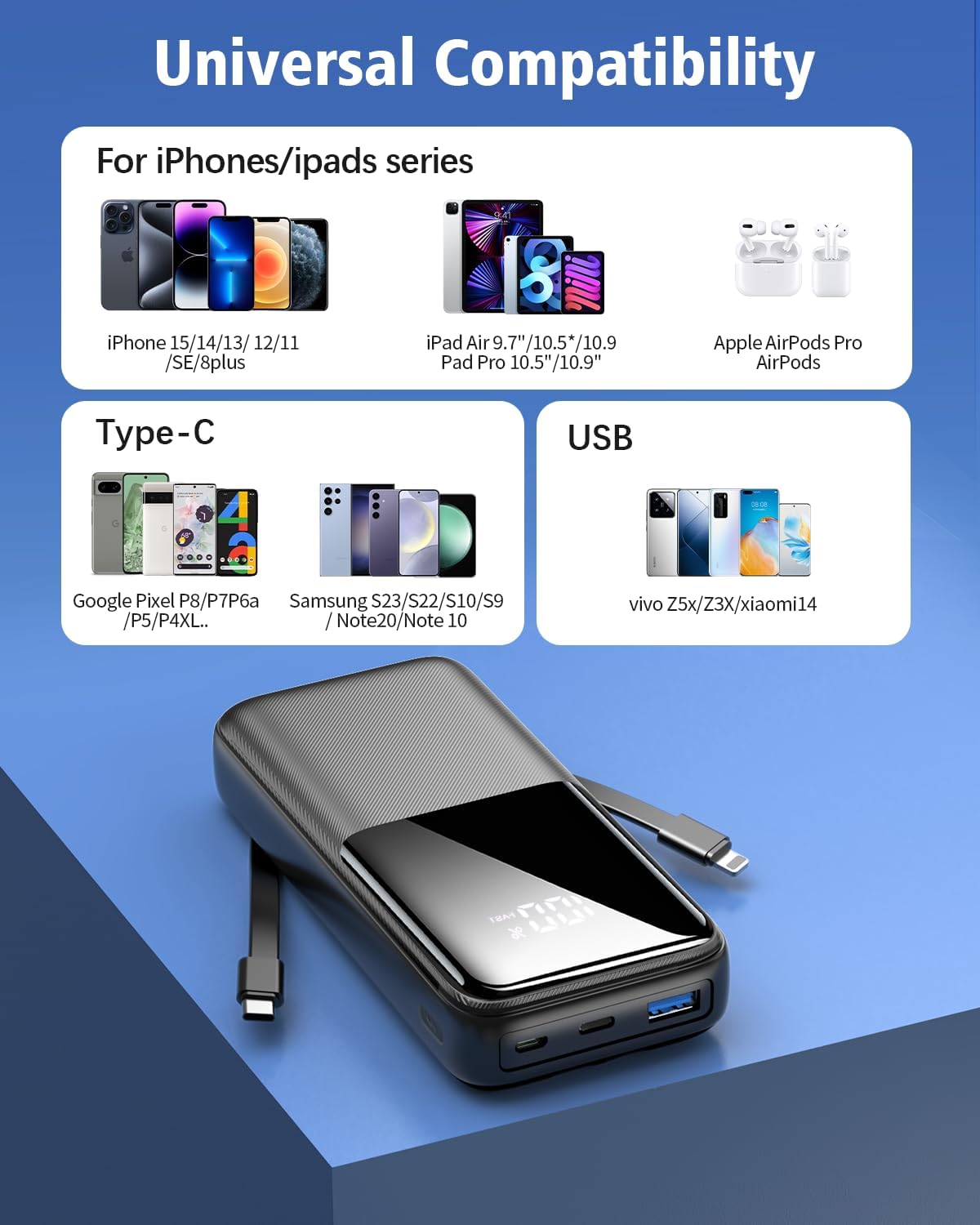 15000mAh Fast Charging Power Bank with 2 Built-in Cables & LED Display, Black Mobile Arcade Ltd