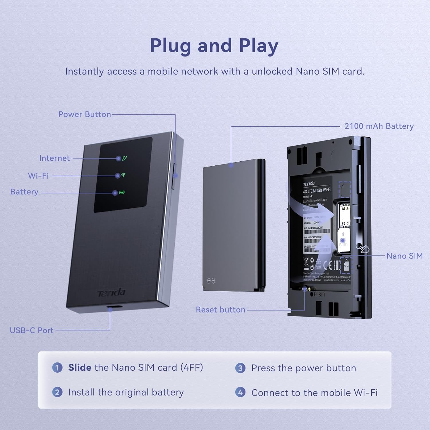 Tenda MF3 4G Mobile WiFi Router, CAT4 LTE, AX300 WiFi 6, 2100mAh Battery Mobile Arcade Ltd