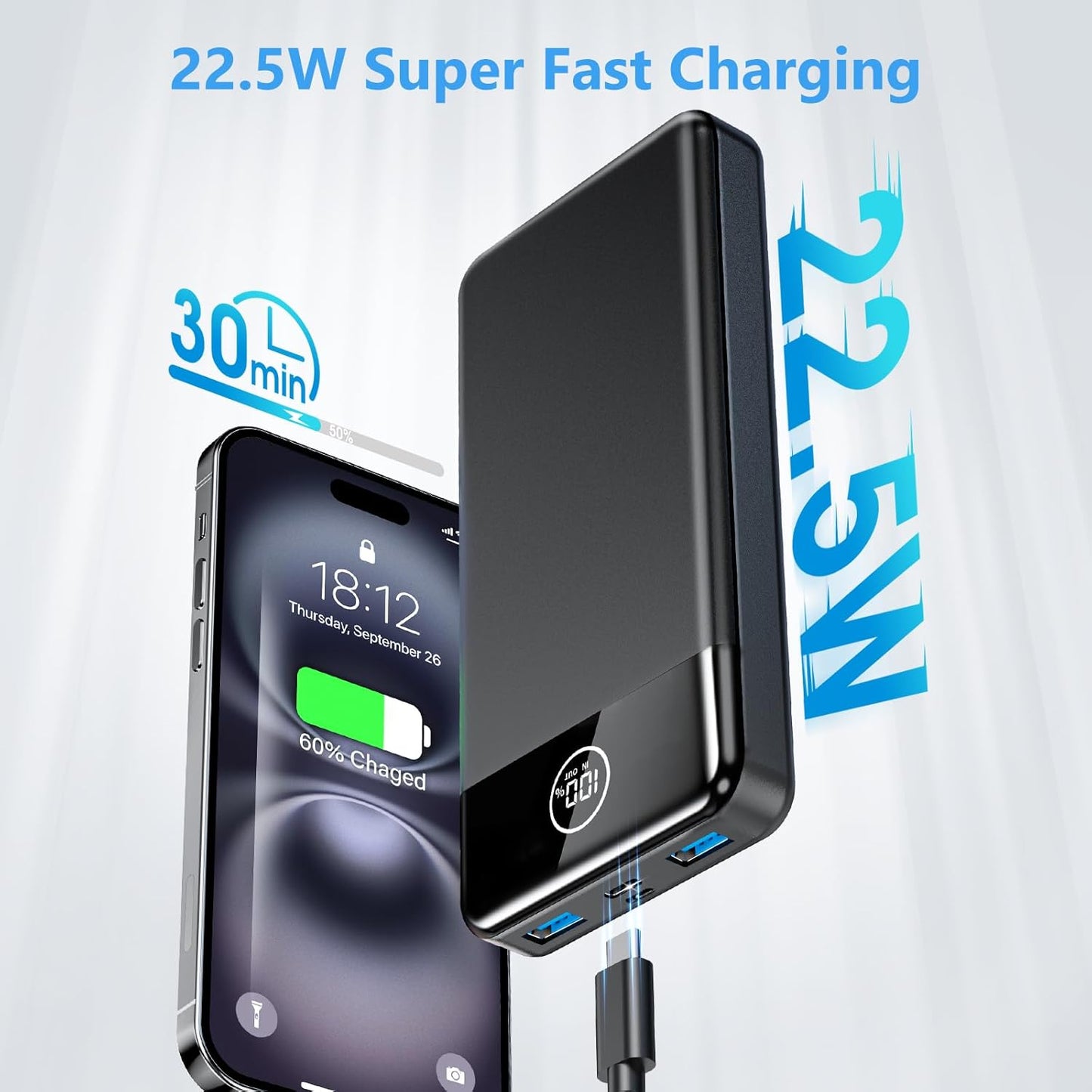 26800mAh Fast Charging Power Bank, 22.5W USB-C PD/QC Portable Charger UK Mobile Arcade Ltd
