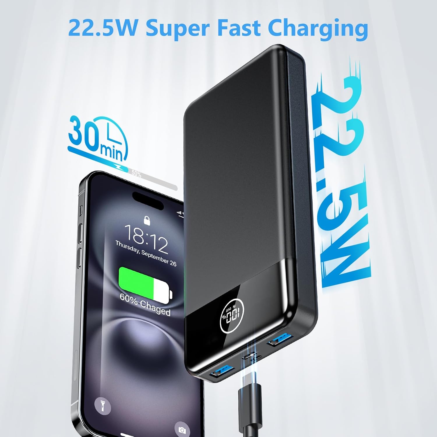 26800mAh Fast Charging Power Bank, 22.5W USB-C PD/QC Portable Charger UK Mobile Arcade Ltd