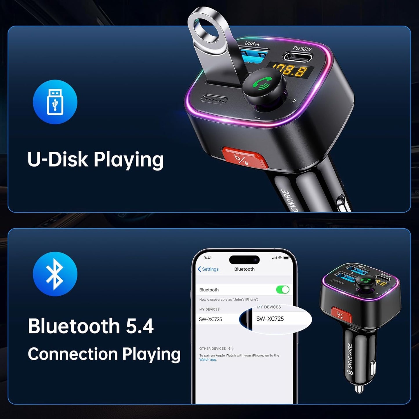 Syncwire Bluetooth 5.4 FM Transmitter Car Adapter 48W Fast Charge & HiFi Sound Mobile Arcade Ltd
