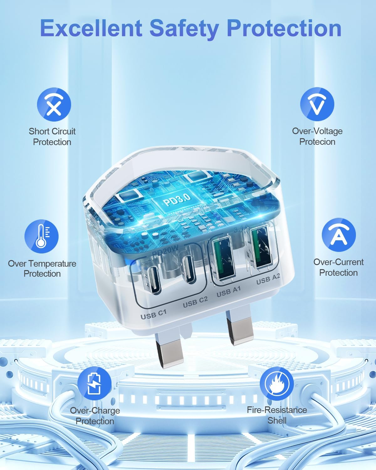 40W USB C Plug Fast Charger, 4-Port Multi USB Charger for iPhone, Samsung, iPad. Mobile Arcade Ltd