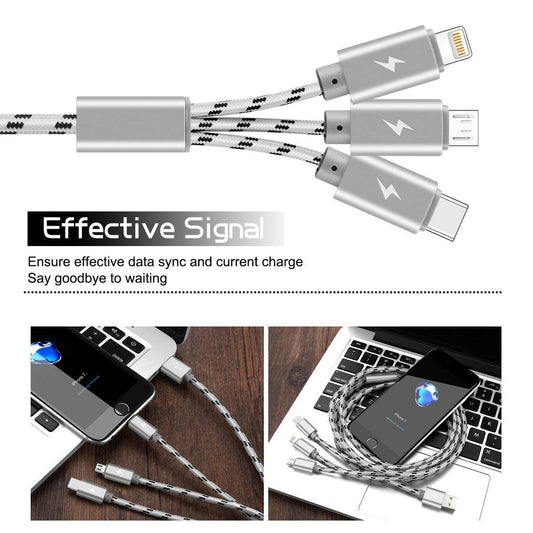 ASICEN 3-in-1 Multi Charging Cable [3M] – USB-C/Micro/Lightning, 3A Fast Charge Mobile Arcade Ltd