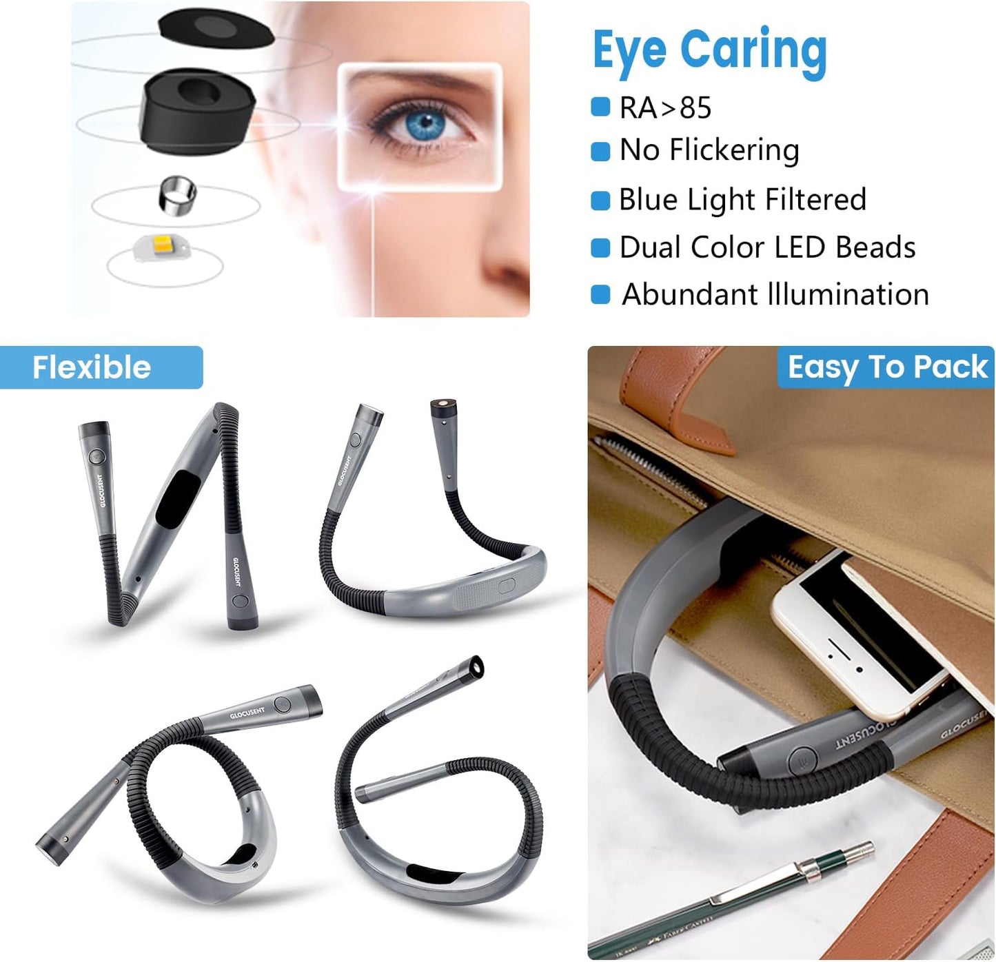 Glocusent LED Neck Reading Light | Rechargeable 3 Colour Book Light for Bed Mobile Arcade Ltd