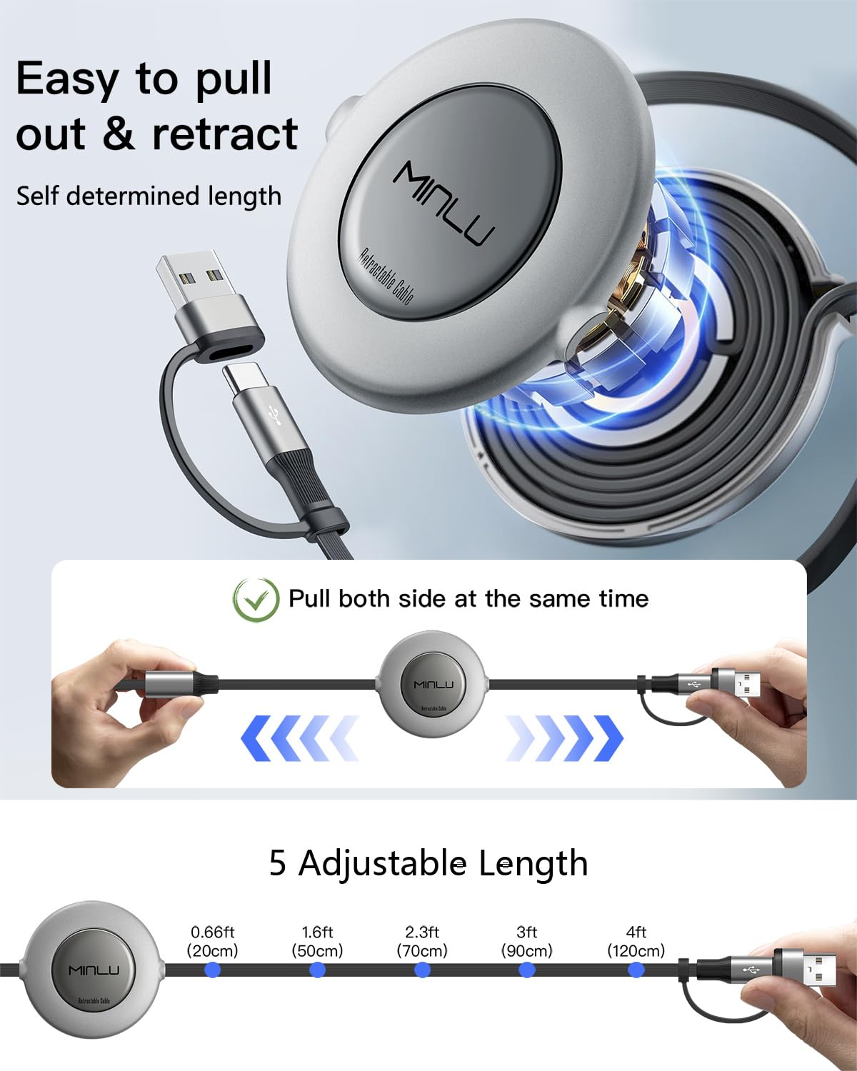 5 in 1 Retractable Multi Charger Cable 3.5A USB C Lightning Micro USB 1.2M Mobile Arcade Ltd