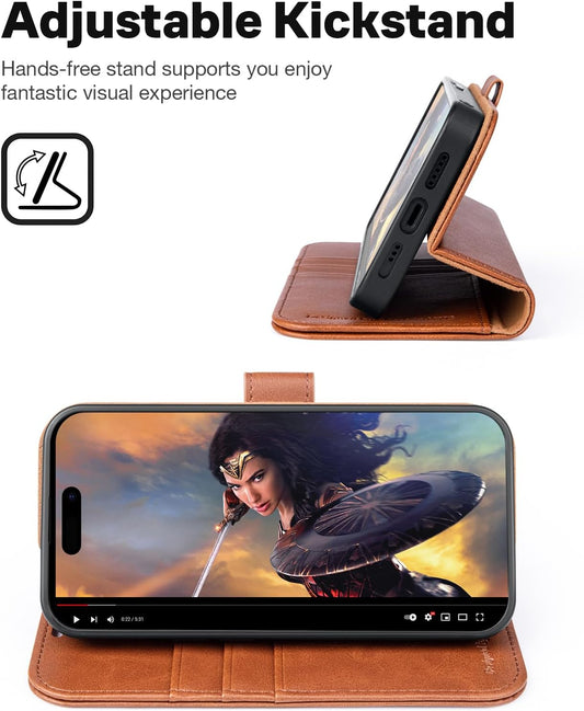 iPhone 15 Pro Max Wallet Case Brown Magnetic 2-in-1 Detachable Flip Cover RFID Mobile Arcade Ltd