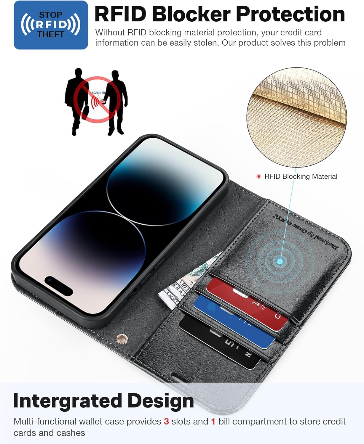 iPhone 15 Pro Max Wallet Case Black Magnetic 2-in-1 Flip Leather Cover RFID Mobile Arcade Ltd