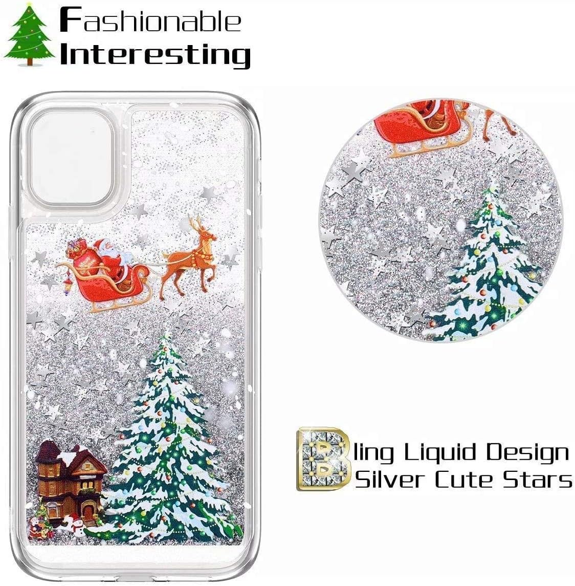 iPhone 13 Pro Glitter Liquid Case Silver Stars Clear Sparkly Shockproof Cover Mobile Arcade Ltd