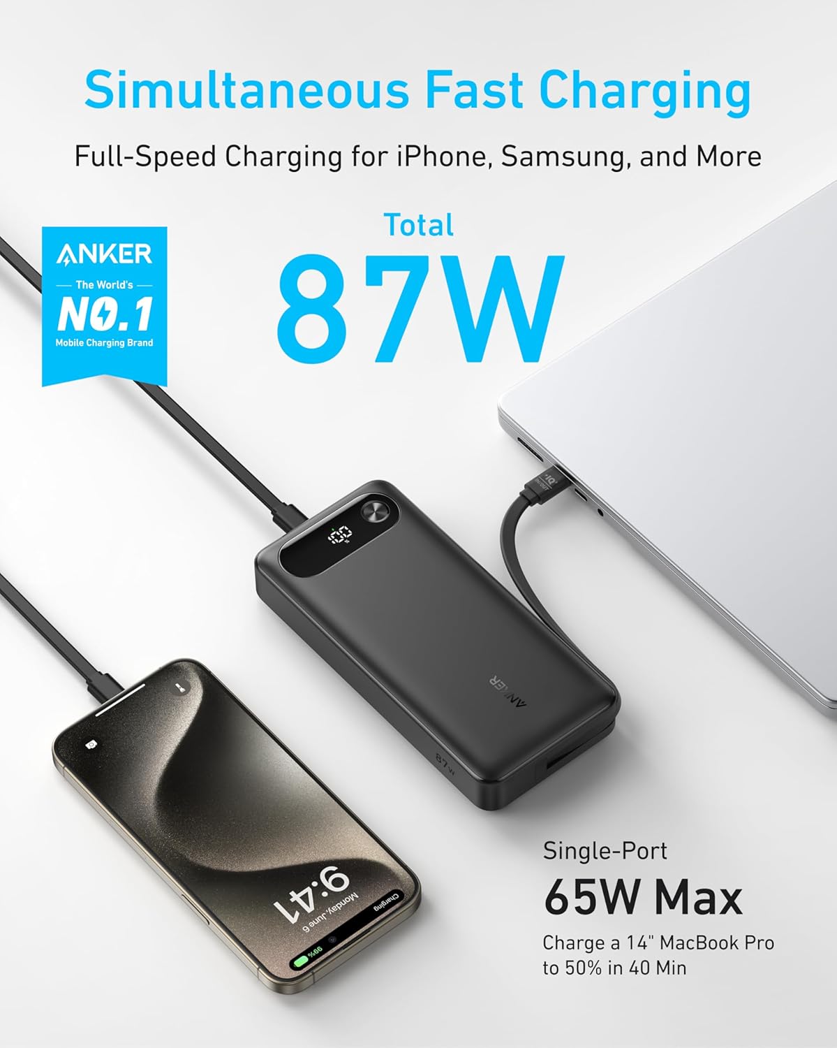Anker 20000mAh Power Bank, 87W Fast Charging, USB-C Built-in Cable Charger Mobile Arcade Ltd