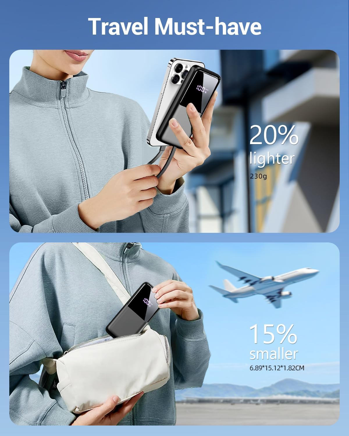 15000mAh Fast Charging Power Bank with 2 Built-in Cables & LED Display, Black Mobile Arcade Ltd