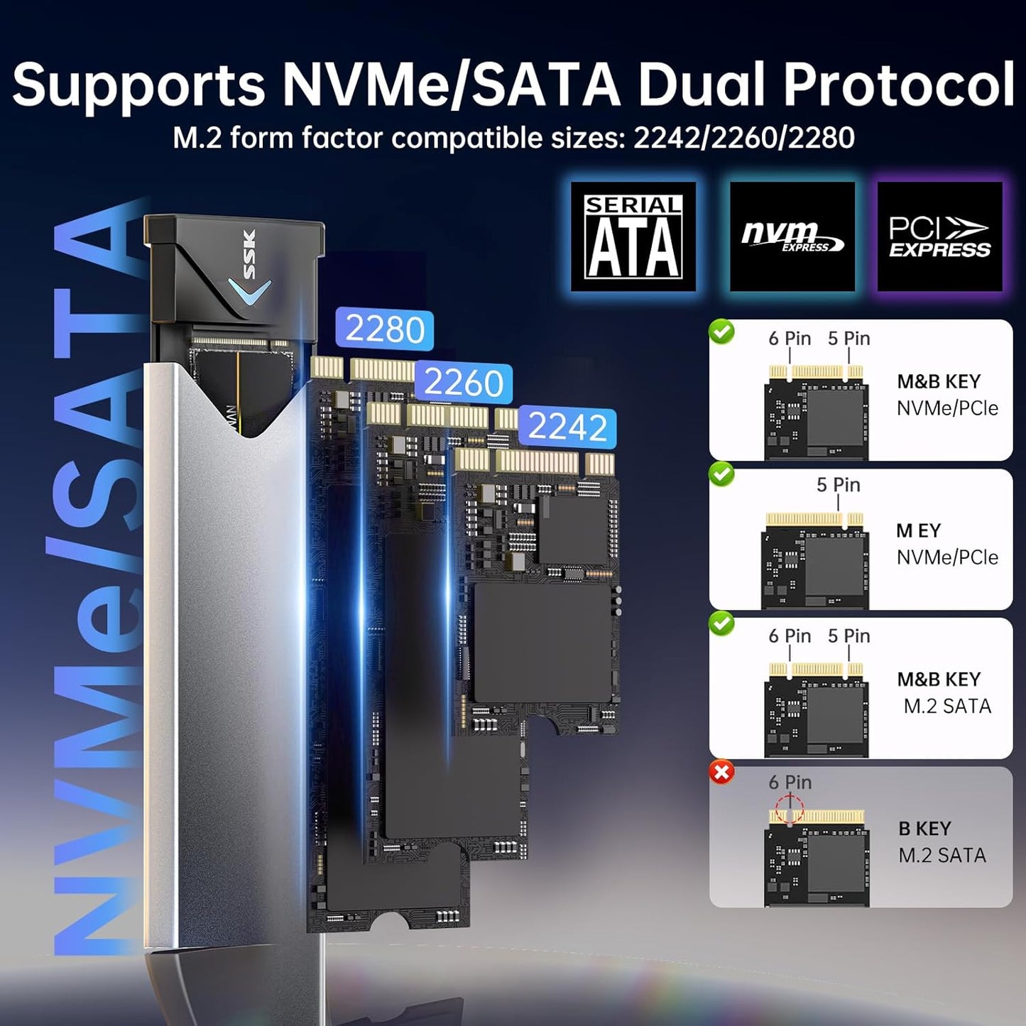 SSK Aluminum M.2 SSD Enclosure USB 3.2 Gen 2 10Gbps for NVMe & SATA SSDs 2242/2260/2280 Mobile Arcade Ltd