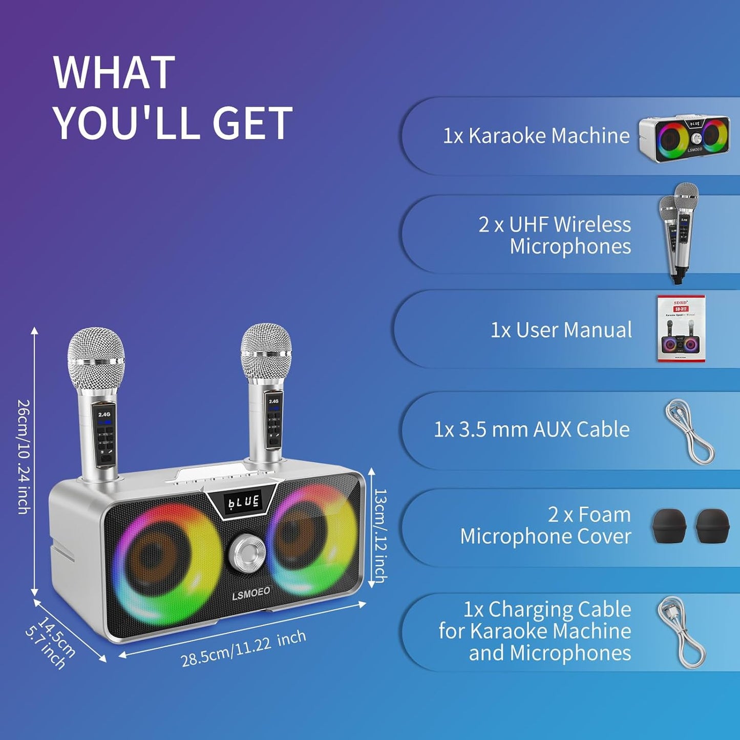 Portable Karaoke Machine with 2 UHF Wireless Mics & Bluetooth Speaker Mobile Arcade Ltd