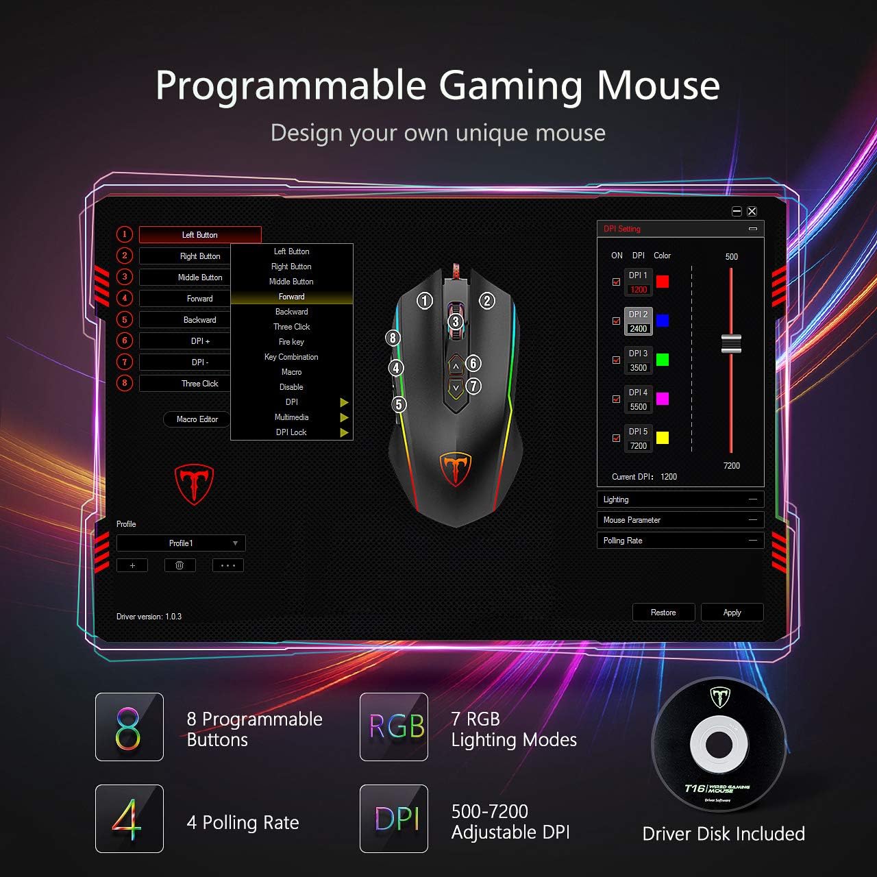 RGB Gaming Mouse Wired – 8 Programmable Buttons, 7200 DPI, Chroma Backlit – Black Mobile Arcade Ltd