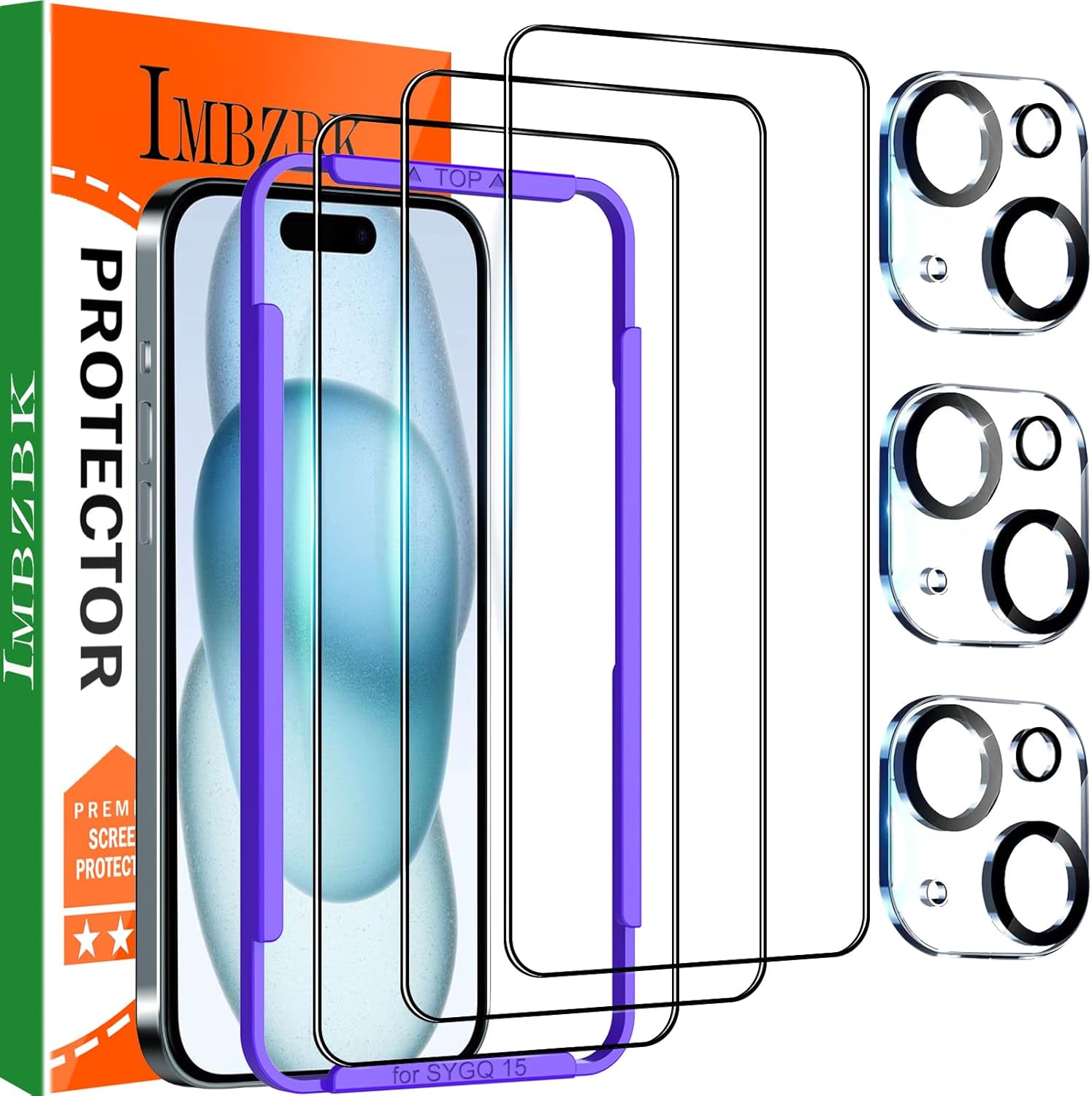IMBZBK iPhone 15 Screen Protector & Camera Lens Cover 3+3 Pack Tempered Glass
