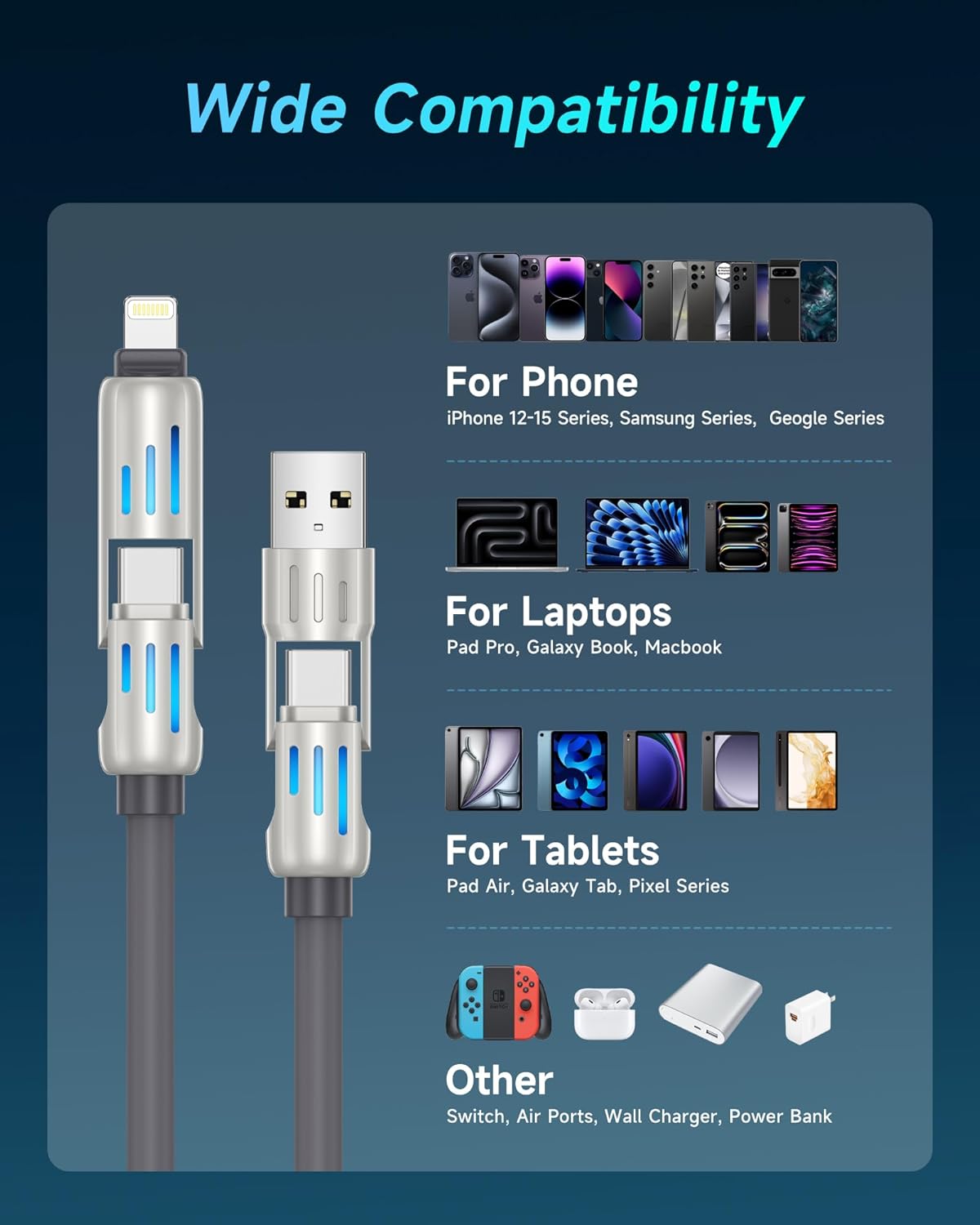 4 in 1 Multi Charger Cable 240W Fast Charging RGB LED USB C Lightning 1.2M Mobile Arcade Ltd