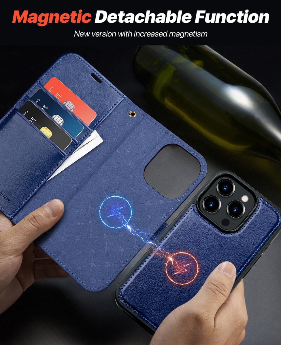 iPhone 15 Pro Max Wallet Case Blue Magnetic 2-in-1 Flip Leather Cover RFID Mobile Arcade Ltd