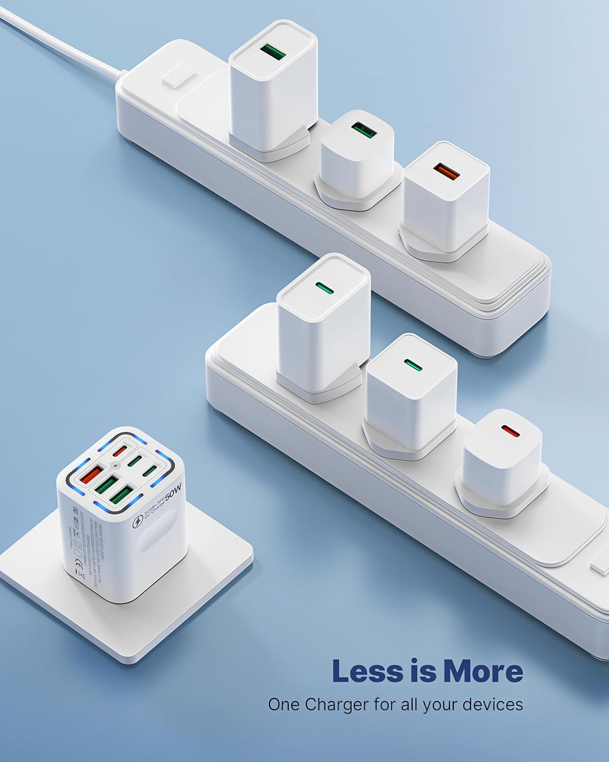 50W 6-Port USB C Fast Charger Plug UK | 3 PD + 3 QC Multiport Charging Adapter