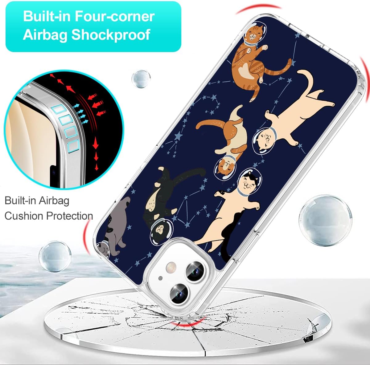 iPhone 12/12 Pro Case Space Cat Design Clear Shockproof Hybrid Bumper Cover Mobile Arcade Ltd