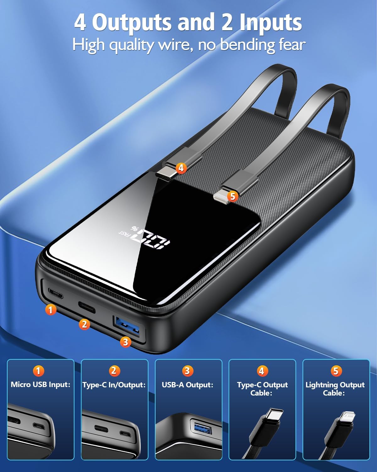 15000mAh Fast Charging Power Bank with 2 Built-in Cables & LED Display, Black Mobile Arcade Ltd