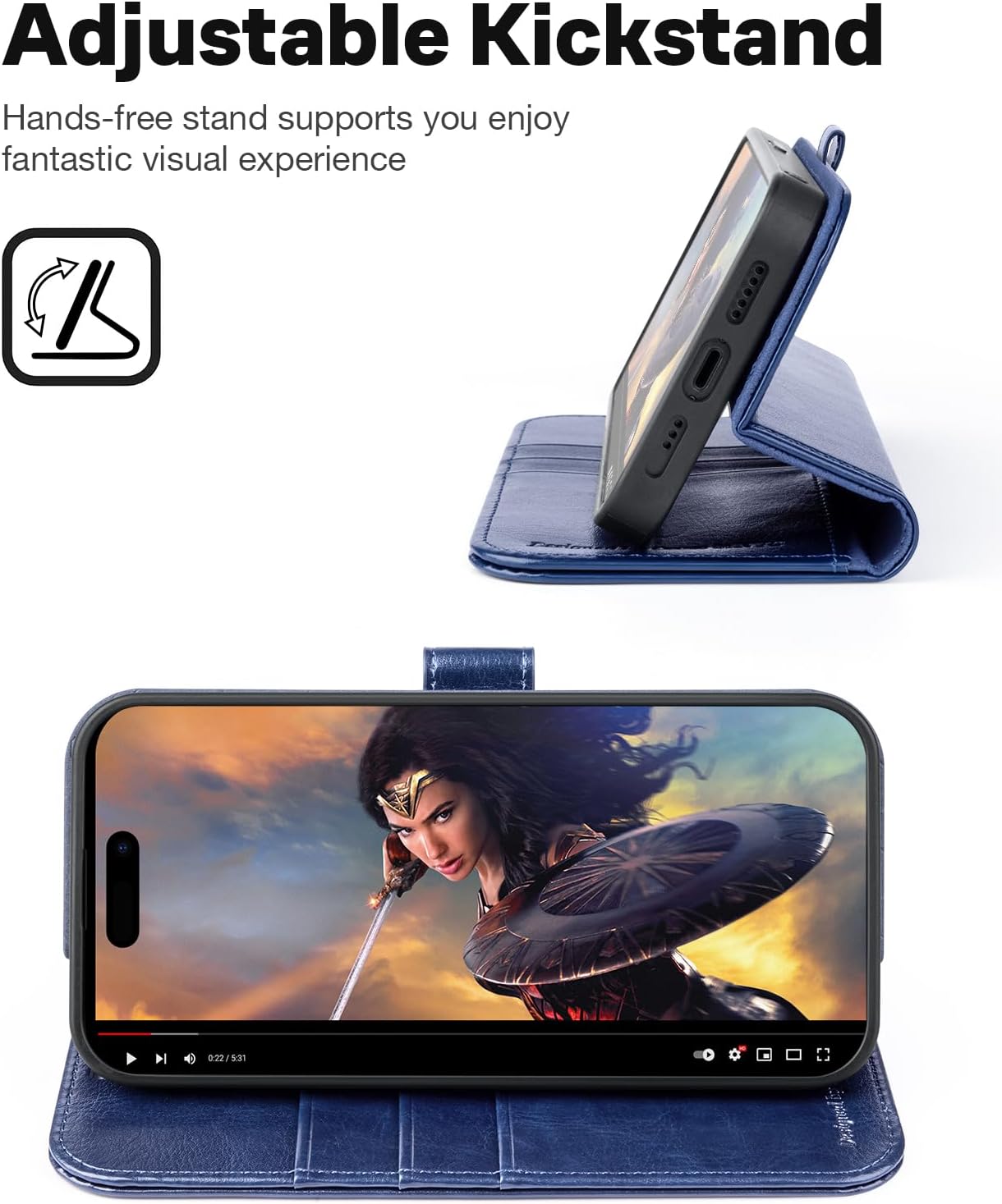 iPhone 15 Pro Max Wallet Case Blue Magnetic 2-in-1 Flip Leather Cover RFID Mobile Arcade Ltd