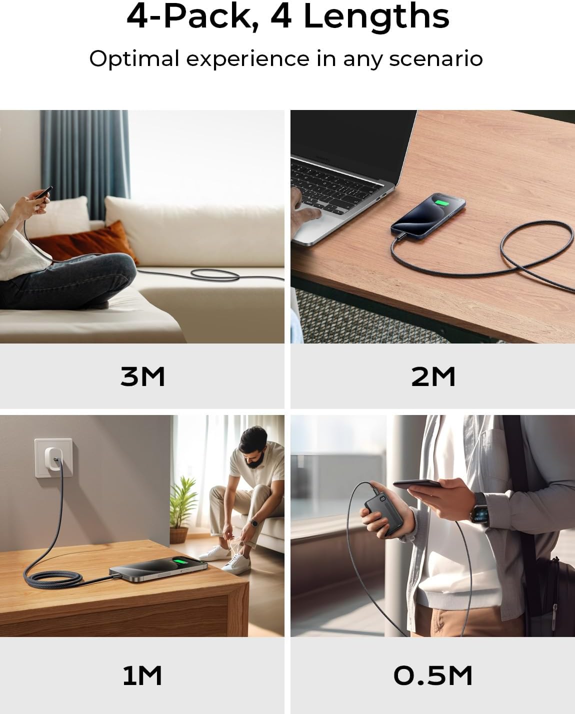 LISEN USB C to USB C Cable 60W Fast Charging, 4-Pack [0.5M-2M] for iPhone 16 Mobile Arcade Ltd