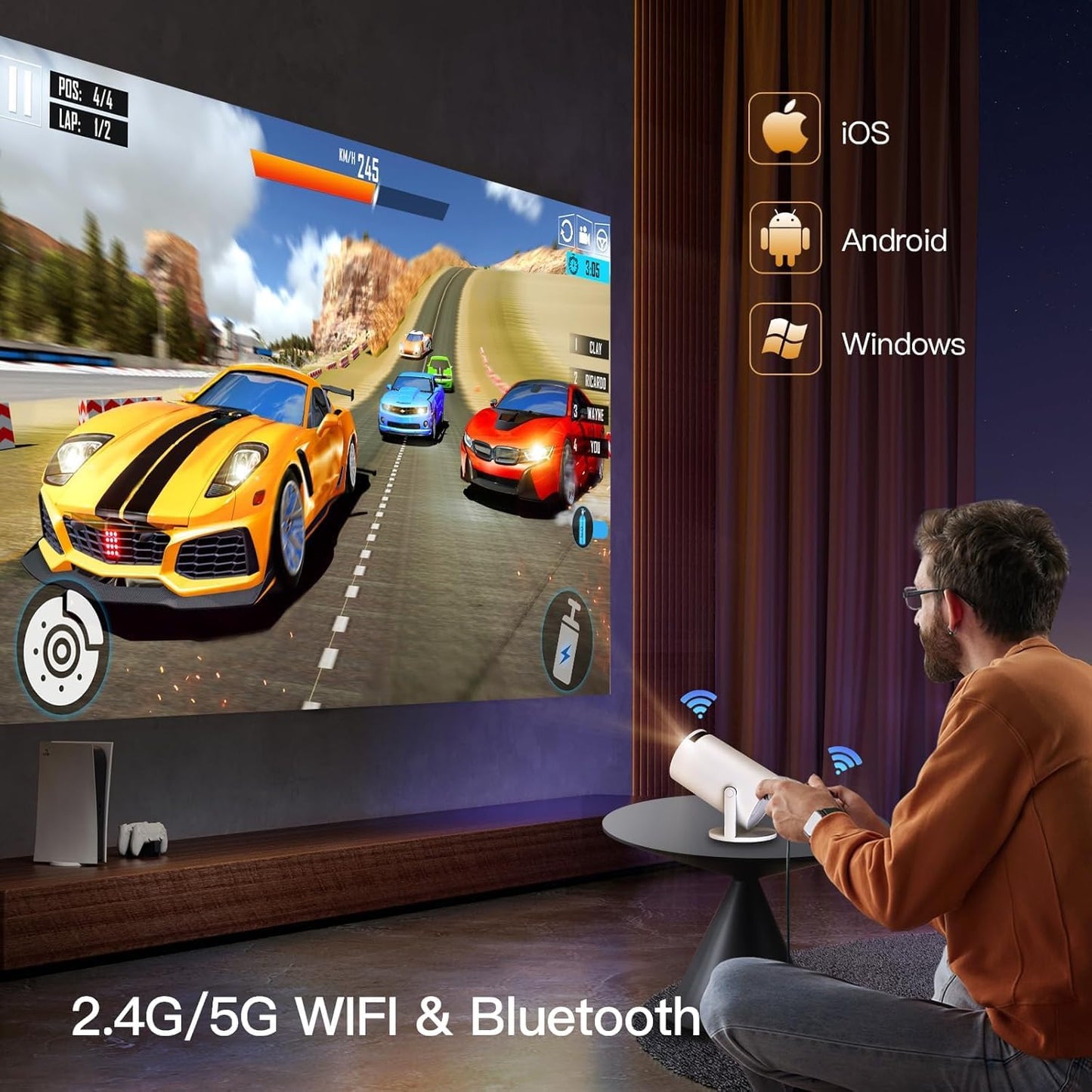 Mini Projector WiFi 6 Bluetooth 4K 1080P 180° Rotatable Screen 130'' Mobile Arcade Ltd