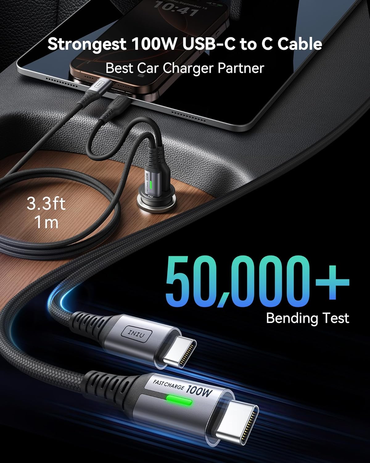 INIU 60W Car Charger – USB Cigarette Lighter Adapter + 1m 100W USB-C Cable Mobile Arcade Ltd