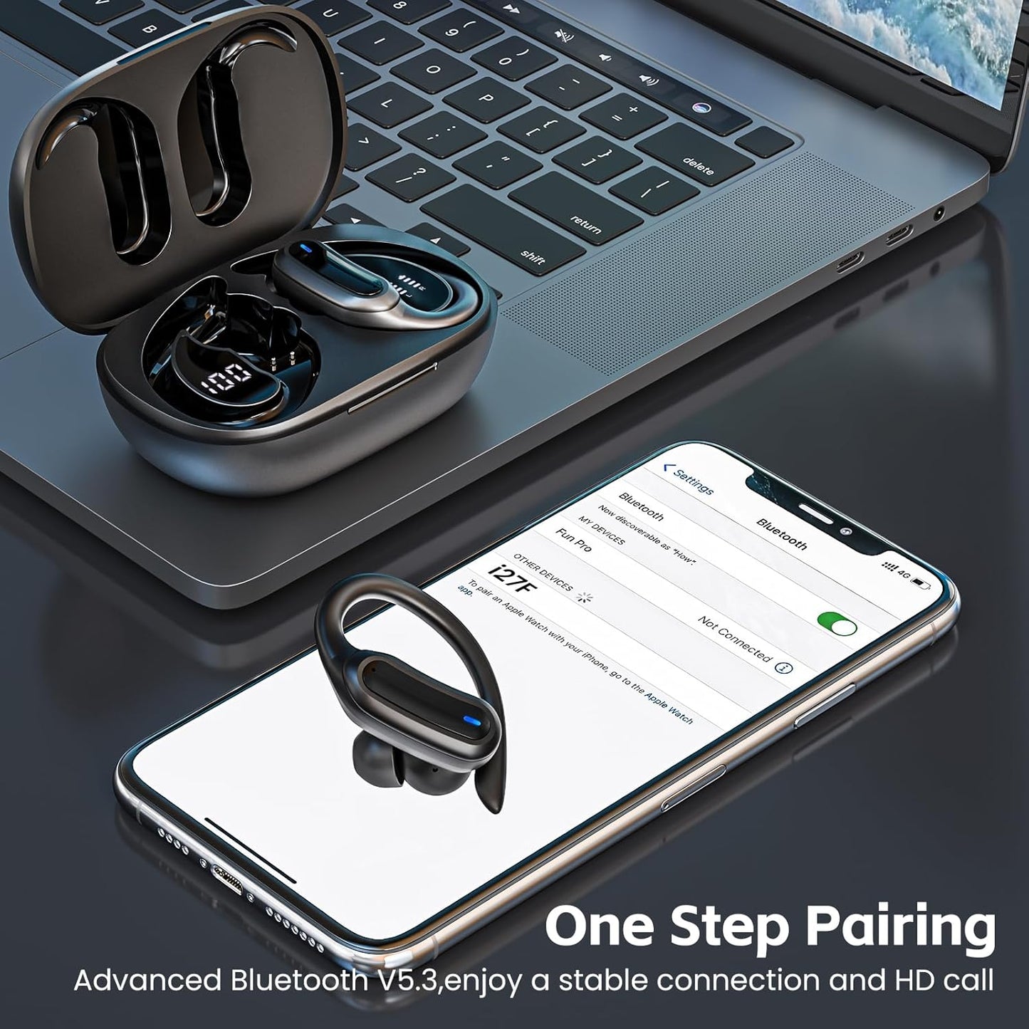 Bluetooth 5.4 Wireless Earbuds, IPX7, Noise Cancelling, Fast Charging, Black Mobile Arcade Ltd