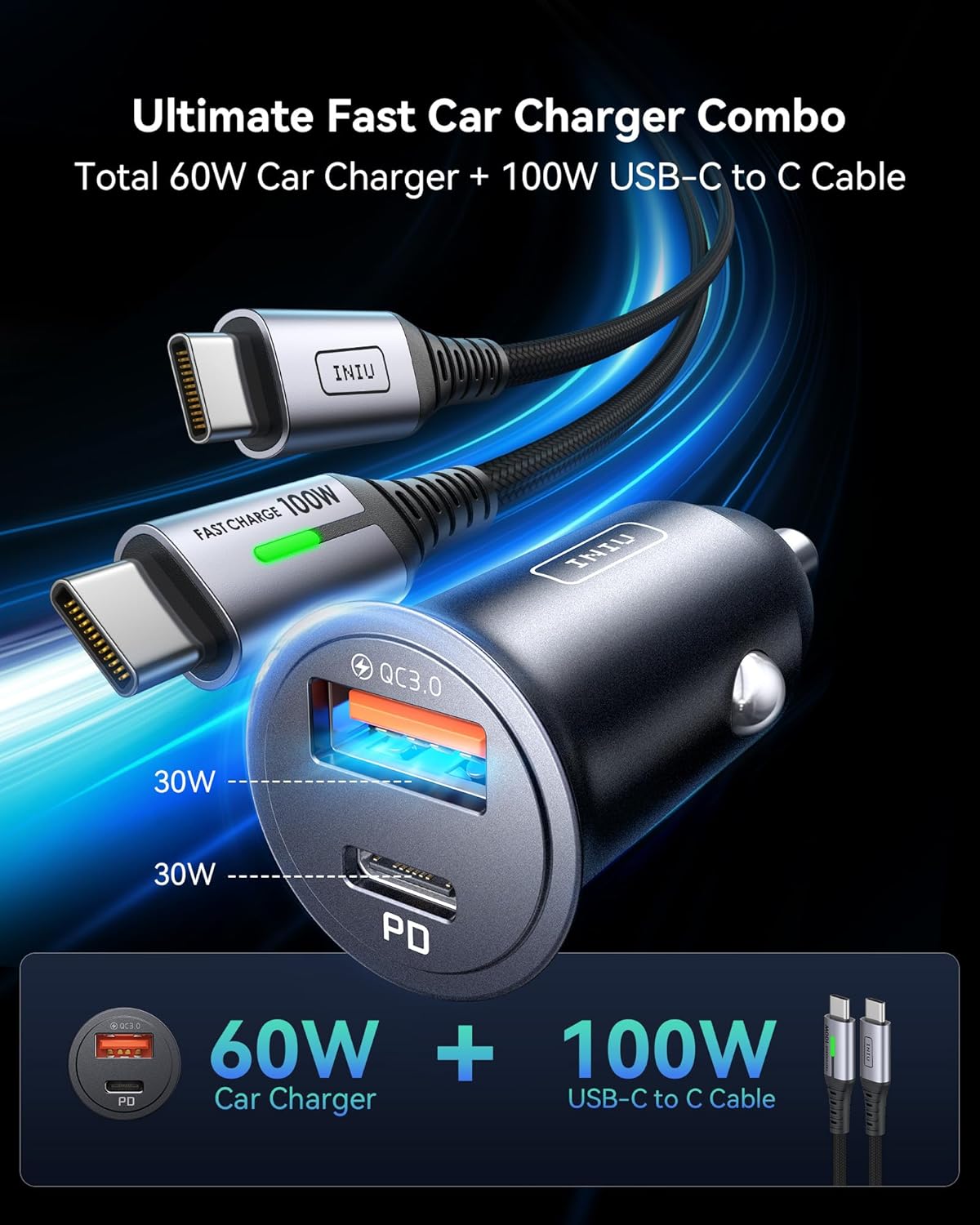 INIU 60W Car Charger – USB Cigarette Lighter Adapter + 1m 100W USB-C Cable Mobile Arcade Ltd