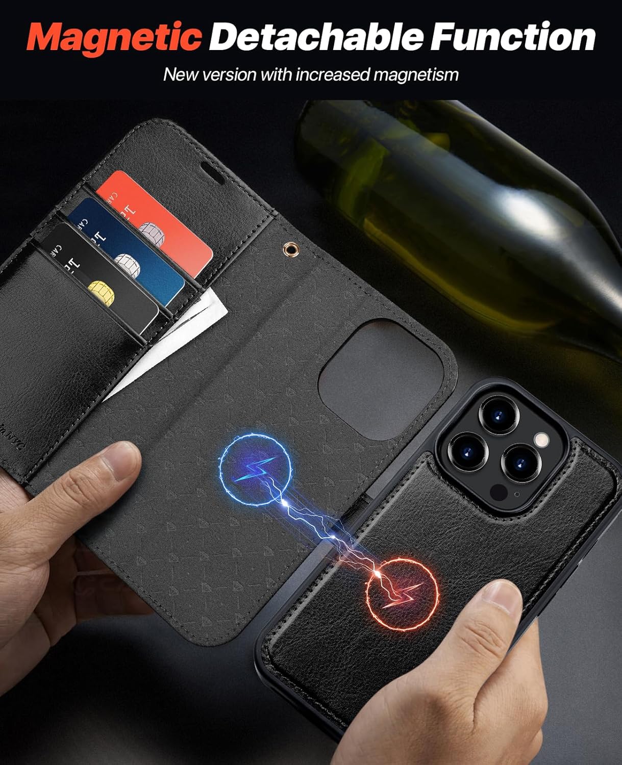 iPhone 15 Pro Max Wallet Case Black Magnetic 2-in-1 Flip Leather Cover RFID Mobile Arcade Ltd