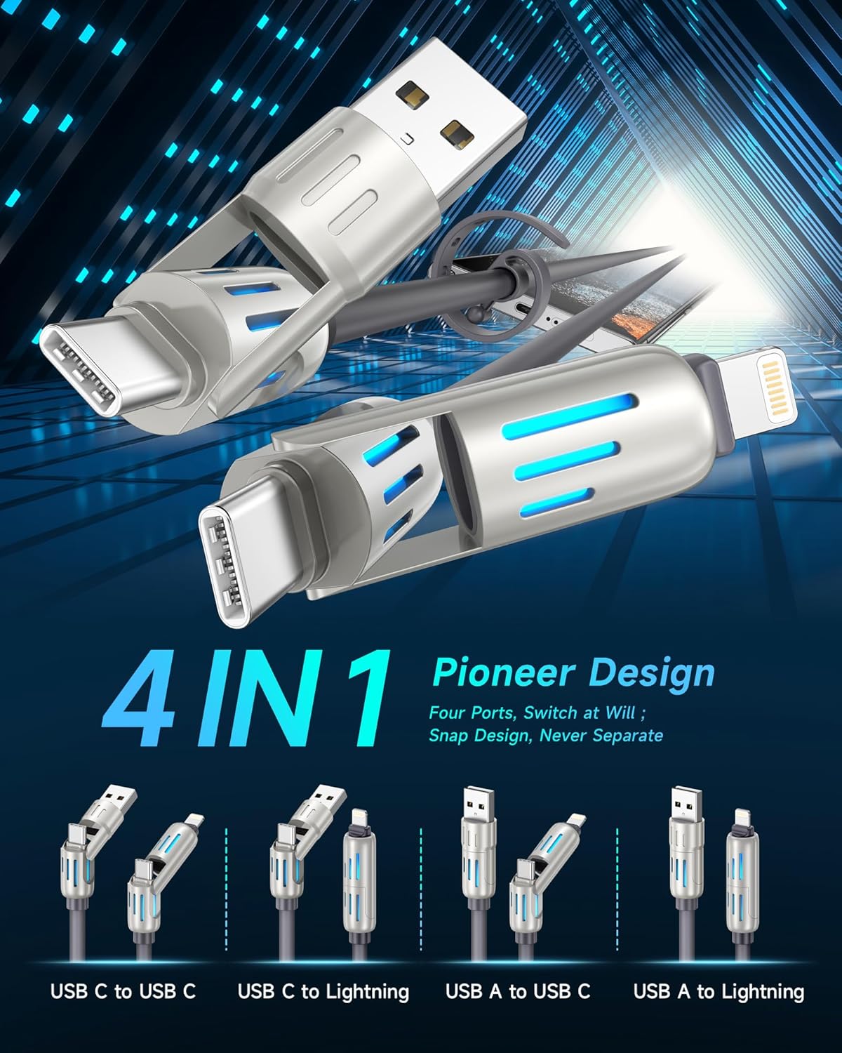4 in 1 Multi Charger Cable 240W Fast Charging RGB LED USB C Lightning 1.2M Mobile Arcade Ltd