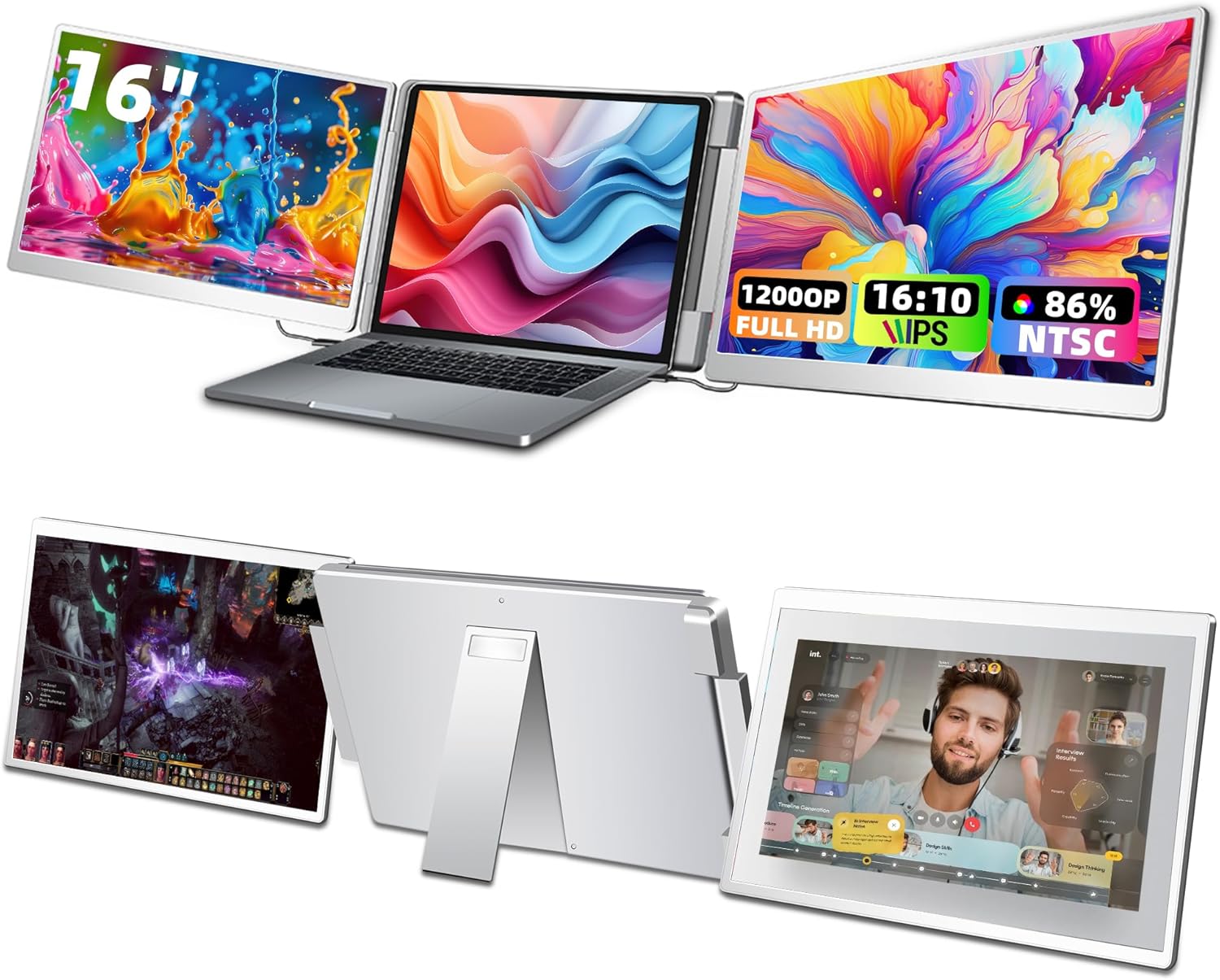 16" Triple Laptop Screen Extender 1200P IPS Monitor for 12"-18.5" Laptops