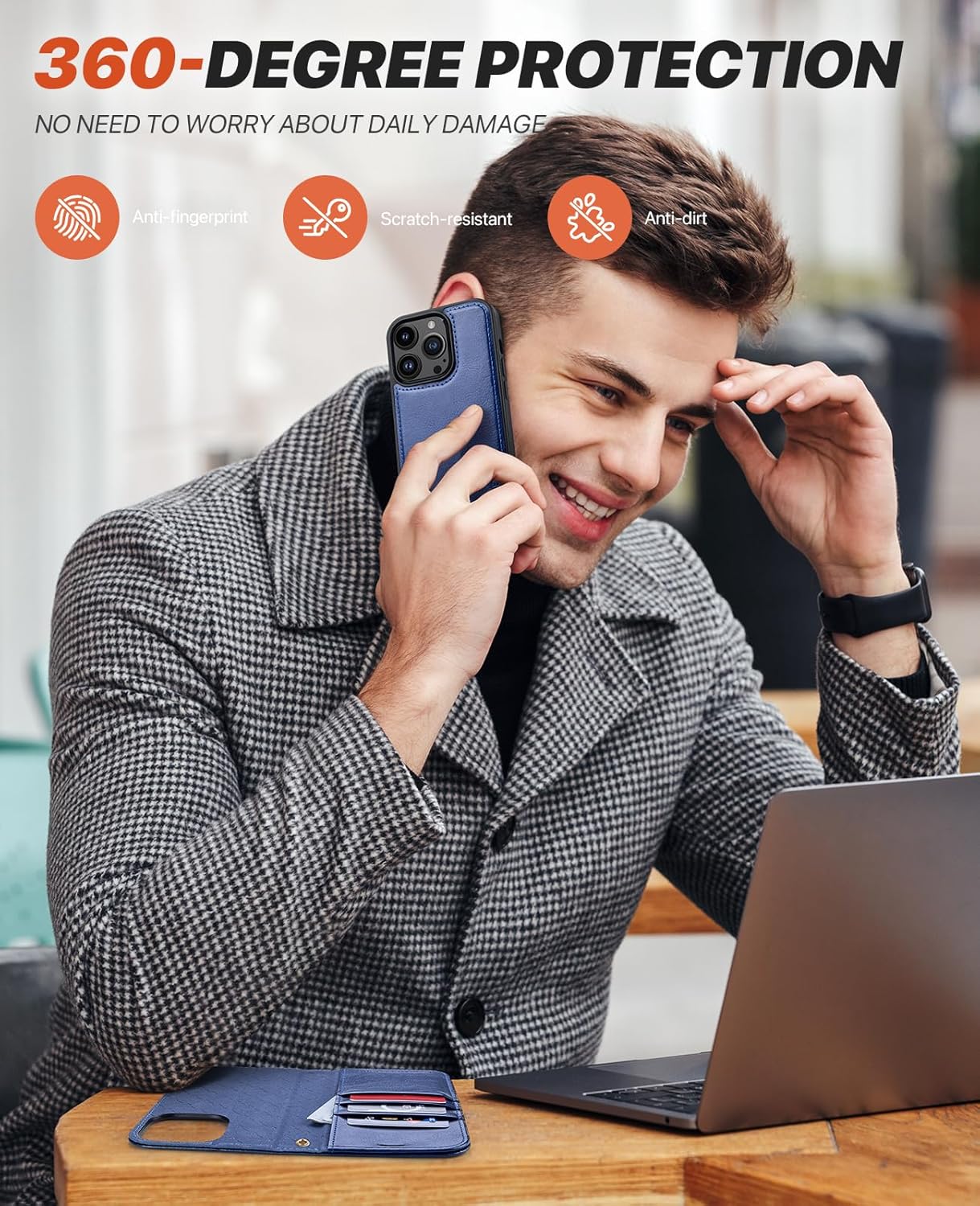 iPhone 15 Pro Max Wallet Case Blue Magnetic 2-in-1 Flip Leather Cover RFID Mobile Arcade Ltd